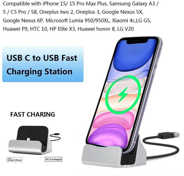 Alt view image 3 of 7 - Charging Dock Stand for iPhone 15/ Pro, USB C to USB Fast Charging Station, Compatible with iPhone 15 Pro Max Plus, Samsung Galaxy S8, Note8, LG G5 G6 V20, HTC 10, Google Pixel