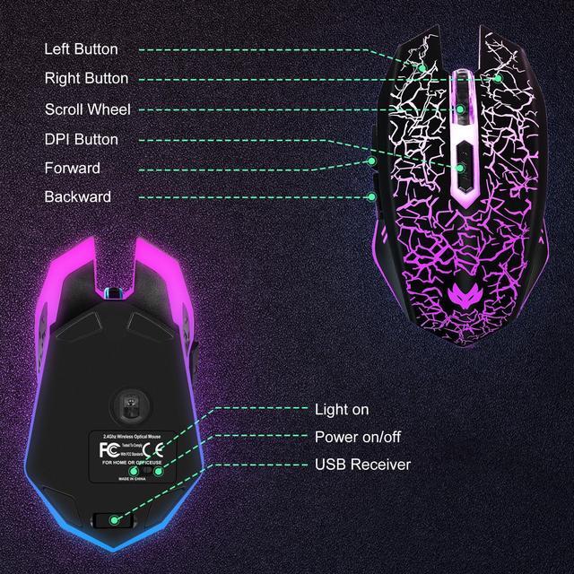 Alt view image 6 of 7 - LuLabboard Wireless Gaming Mouse, Rechargeable Wireless Computer Mouse, 7-Color LED Light, Ergonomic Mouse with 6 Silent Click Buttons, 3 Adjustable 2400 DPI Wireless Mouse for Laptop,PC,Mac, Black