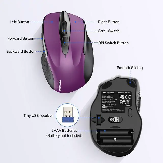 Alt view image 5 of 7 - TECKNET Wireless Mouse, 2.4G Ergonomic Optical Mouse, Computer Mouse for Laptop, PC, Computer, Chromebook, Notebook, 6 Buttons, 24 Months Battery Life, 2600 DPI, 5 Adjustment Levels