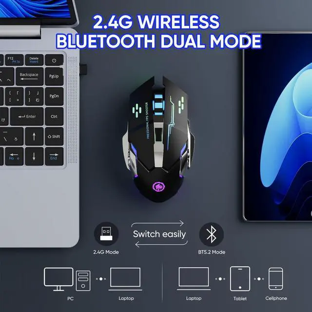 Alt view image 2 of 7 - Wireless Gaming Mouse Bluetooth Mouse RGB Rechargeable 2.4G USB Cordless Computer Mice with 7 Color Backlit, 6 Buttons & Silent Click for Laptop, iPad, Mac OS, PC, Windows -Black