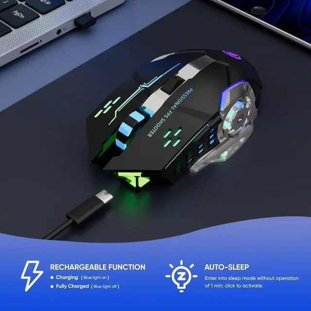 Alt view image 6 of 7 - Wireless Gaming Mouse Bluetooth Mouse RGB Rechargeable 2.4G USB Cordless Computer Mice with 7 Color Backlit, 6 Buttons & Silent Click for Laptop, iPad, Mac OS, PC, Windows -Black