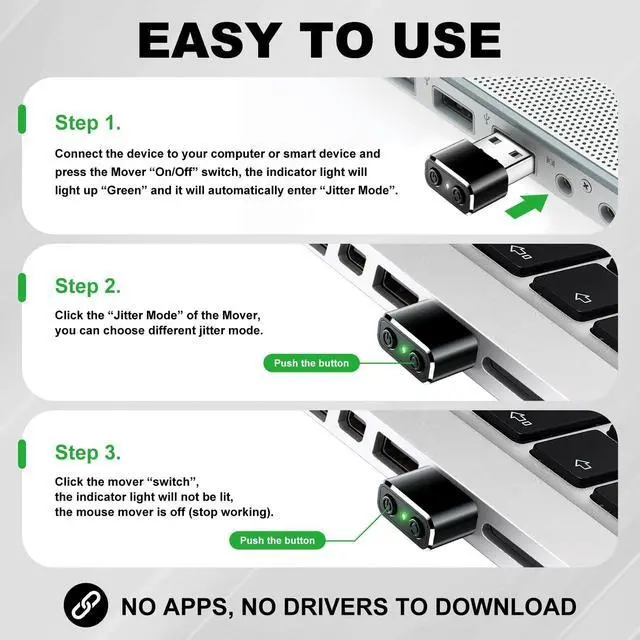Alt view image 2 of 7 - Mouse Jiggler Compatible with USB Interface Devices, Undetectable Mini 2.4Ghz Mouse Mover with Switch/Shaker Buttons,With 3 jitter modes, no drivers required, plug and play to keep PC/laptop awake