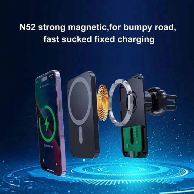 Alt view image 4 of 7 - Wireless Car Charger for iPhone, HYDGYC Magsafe Car Charger for Air Vent, 15W Fast Car Wireless Charging Pad with 360° Rotation, Compatible with iPhone 16/15/14/13/12 (Black)