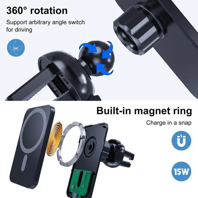 Alt view image 2 of 7 - Wireless Car Charger for iPhone, HYDGYC Magsafe Car Charger for Air Vent, 15W Fast Car Wireless Charging Pad with 360° Rotation, Compatible with iPhone 16/15/14/13/12 (Black)