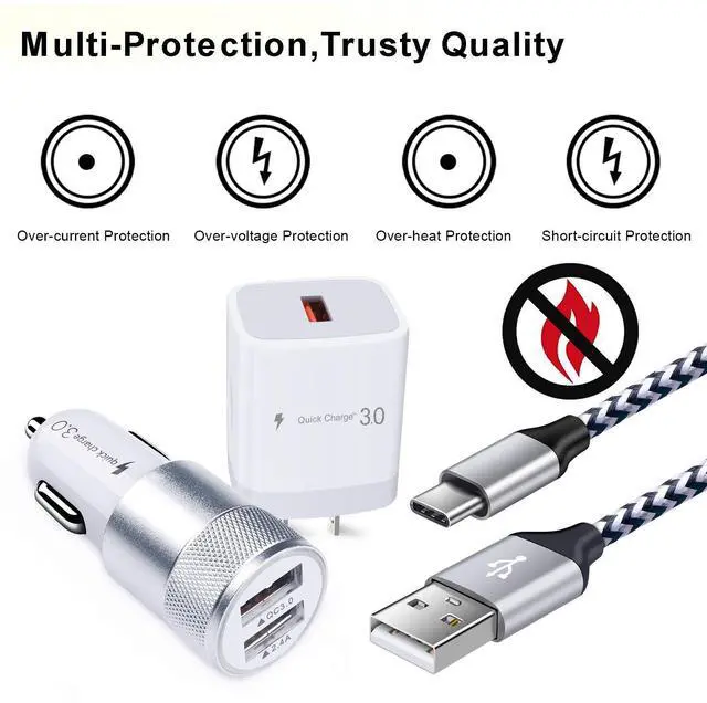 Alt view image 6 of 7 - USB Fast Charger Kit for Samsung Galaxy A56 A16 A15 A14 A35 A55 A54 A53 5G S25 S24 FE S24 S23 Ultra S22 Ultra A13 iPhone 16 15,Quick Charge 3.0 Wall Charger+Rapid Car Charger Adapter+2 USB C Cable 3FT