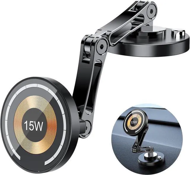 Main image of Mag-Safe Car Mount Charger Wireless - 15W Magnetic Phone Holder Car Charger Stick on Dashboard with Universal 360° Foldable Full Metal Car Accessories for iPhone 16/15/14/13/12 & Samsung