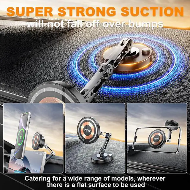 Alt view image 2 of 7 - Mag-Safe Car Mount Charger Wireless - 15W Magnetic Phone Holder Car Charger Stick on Dashboard with Universal 360° Foldable Full Metal Car Accessories for iPhone 16/15/14/13/12 & Samsung