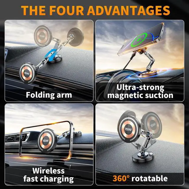 Alt view image 4 of 7 - Mag-Safe Car Mount Charger Wireless - 15W Magnetic Phone Holder Car Charger Stick on Dashboard with Universal 360° Foldable Full Metal Car Accessories for iPhone 16/15/14/13/12 & Samsung