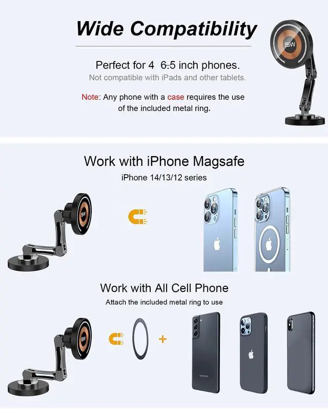 Alt view image 7 of 7 - Mag-Safe Car Mount Charger Wireless - 15W Magnetic Phone Holder Car Charger Stick on Dashboard with Universal 360° Foldable Full Metal Car Accessories for iPhone 16/15/14/13/12 & Samsung