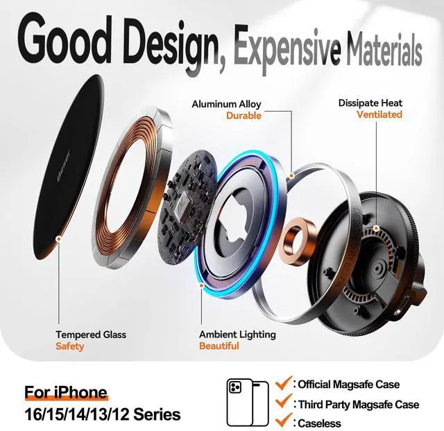 Alt view image 5 of 7 - Beser for MagSafe Car Charger Mount, 15W Magnetic Wireless Qi Charger & Phone Holder, Dashboard/Vent Mount for iPhone 16/15/14/13/12 Mini Pro Max, Aluminum Alloy, Black