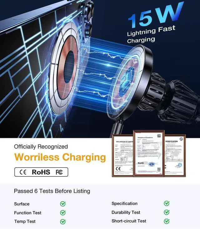 Alt view image 3 of 7 - Coolpow for Magsafe Car Mount Charger100% Stable 15W Magsafe Car Charger, Car Phone Holder Charger Mag Safe car Accessories for Women Men Magnetic Wireless Car Charger iPhone 16 Pro Max 15 14 13 12