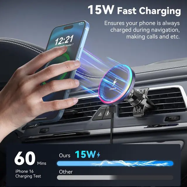 Alt view image 2 of 7 - Lecork for Magsafe Car Mount Charger, 15W Magnetic Wireless Car Charger for iPhone, Magsafe Air Vent Car Holder Charger for iPhone 16 Pro Max/16/15/14 13 12, Samsung S25/S25+/Ultra, RGB LED Design