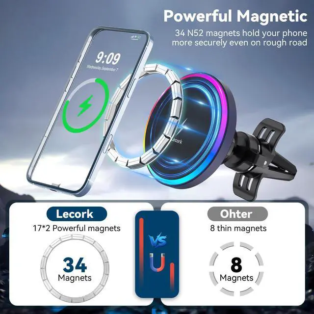 Alt view image 4 of 7 - Lecork for Magsafe Car Mount Charger, 15W Magnetic Wireless Car Charger for iPhone, Magsafe Air Vent Car Holder Charger for iPhone 16 Pro Max/16/15/14 13 12, Samsung S25/S25+/Ultra, RGB LED Design
