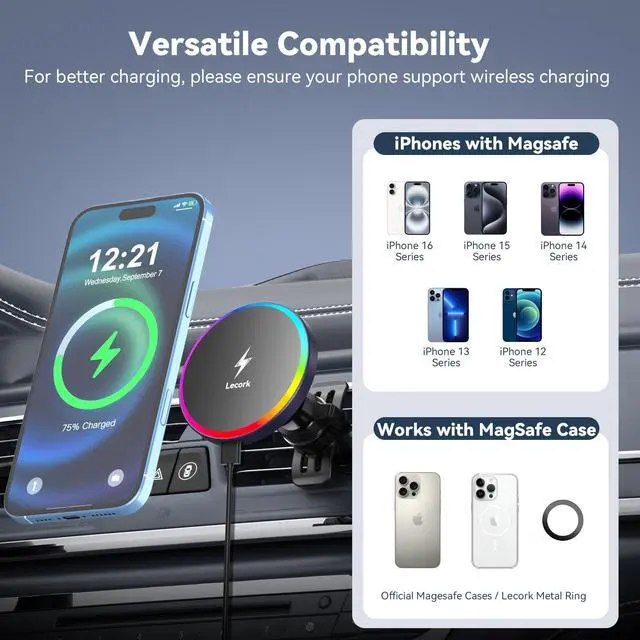 Alt view image 7 of 7 - Lecork for Magsafe Car Mount Charger, 15W Magnetic Wireless Car Charger for iPhone, Magsafe Air Vent Car Holder Charger for iPhone 16 Pro Max/16/15/14 13 12, Samsung S25/S25+/Ultra, RGB LED Design