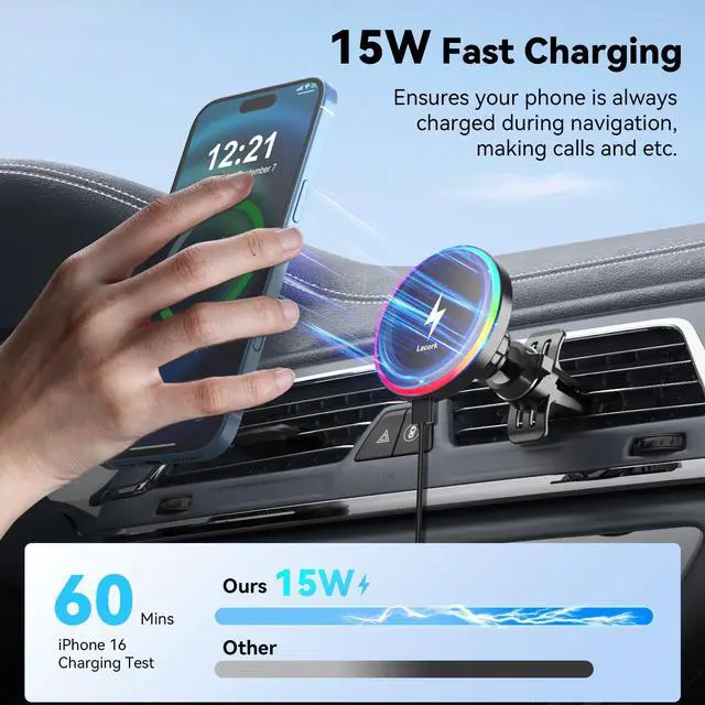 Alt view image 2 of 7 - Lecork for Magsafe Car Mount, 15W Magnetic Wireless Charger for iPhone, Magsafe Air Vent Car Holder Charger for iPhone 16 Pro Max/16/15/14 13 12, Samsung S25/S25+/Ultra, RGB LED Design