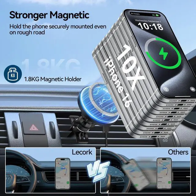 Alt view image 4 of 7 - Lecork for Magsafe Car Mount, 15W Magnetic Wireless Charger for iPhone, Magsafe Air Vent Car Holder Charger for iPhone 16 Pro Max/16/15/14 13 12, Samsung S25/S25+/Ultra, RGB LED Design