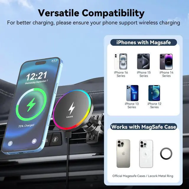 Alt view image 7 of 7 - Lecork for Magsafe Car Mount, 15W Magnetic Wireless Charger for iPhone, Magsafe Air Vent Car Holder Charger for iPhone 16 Pro Max/16/15/14 13 12, Samsung S25/S25+/Ultra, RGB LED Design