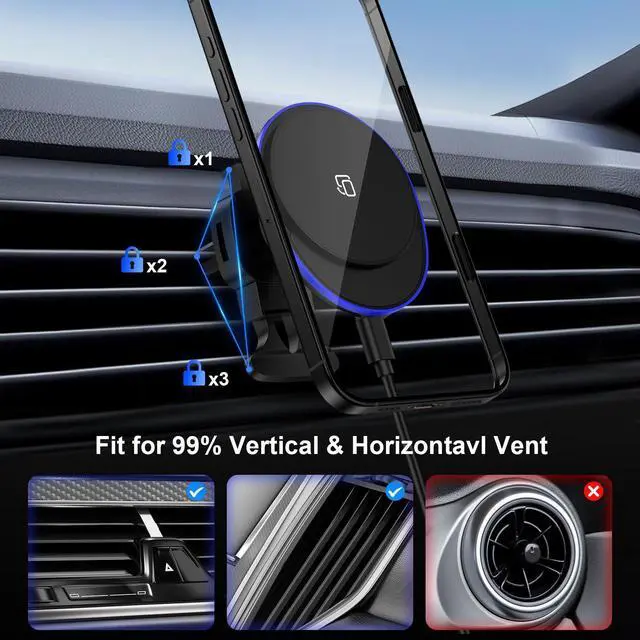 Alt view image 6 of 7 - 15W Magnetic Wireless Car Charger, MagSafe Car Mount Charger Fast Air Vent Car Phone Holder Charge r for iPhone 16e 16 Pro 16 15 14 13 12 Pro Max Samsung Galaxy S25 Ultra S25 Plus S24 FE S24 S23 Ultra