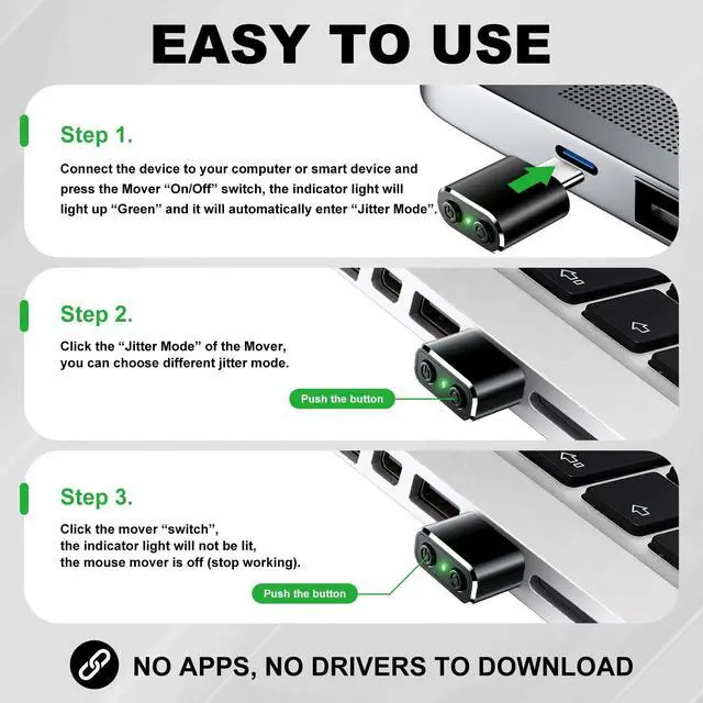 Alt view image 2 of 7 - Mouse Jiggler Compatible with Type C Interface Devices,Undetectable Mini USB-C Mouse Mover with Switch/Shaker Buttons,With 3 jitter modes,Driver-free,plug&play to keep PC/laptop/phone/tablet awake