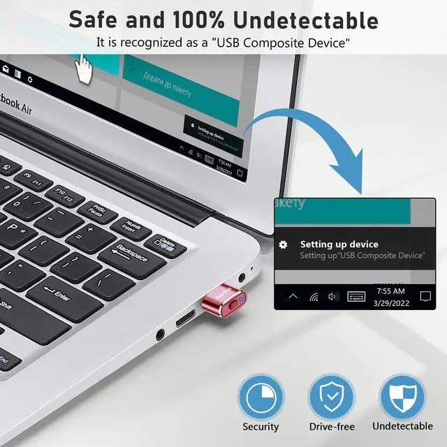 Alt view image 3 of 7 - AUEDROT Metal Mouse Jiggler with Switch Button, 2 Jiggle Modes, USB-C Adapter, Rose Gold