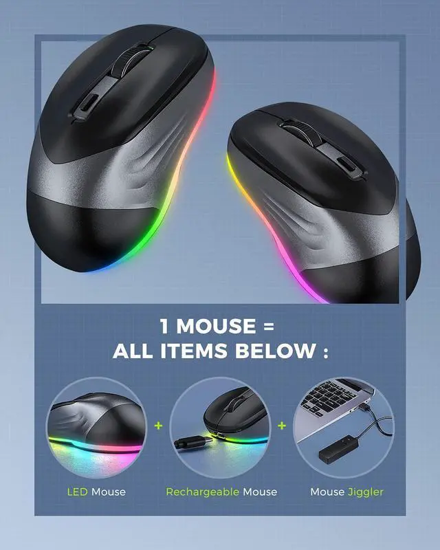 Alt view image 2 of 7 - PEIOUS Wireless Mouse, Jiggler Mouse for Laptop - LED Mouse Rechargeable Computer Mice Mouse Mover Undetectable Random Movement with On/Off Button Keeps Computer Awake - Black&Grey