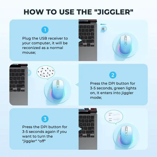 Alt view image 3 of 7 - PEIOUS Wireless Mouse Jiggler - LED Wireless Mice with Build-in Mouse Mover, Rechargeable Moving Mouse for Laptop with Undetectable Random Movement Keeps Computers Awake - Blue to White