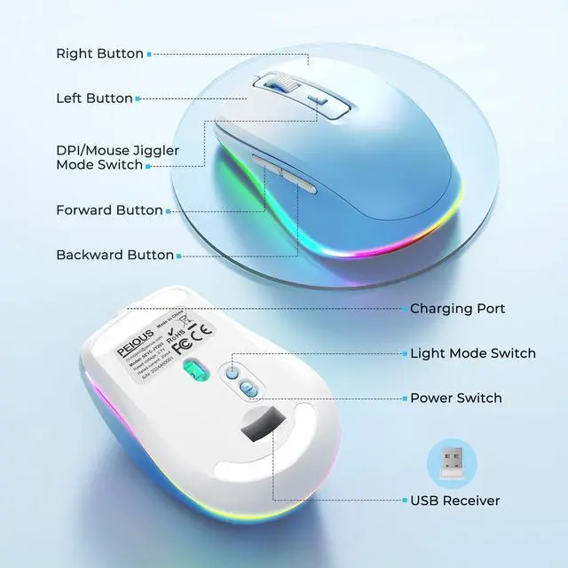 Alt view image 6 of 7 - PEIOUS Wireless Mouse Jiggler - LED Wireless Mice with Build-in Mouse Mover, Rechargeable Moving Mouse for Laptop with Undetectable Random Movement Keeps Computers Awake - Blue to White