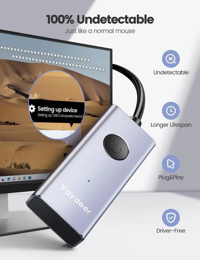 Alt view image 5 of 7 - Vaydeer Ultra Slim Mouse Mover, Air 3 Mouse Jiggler Metal USB Mouse Jiggler, S4 Mouse Mover with ON/Off, Undetectable & Noiseless, Simulates Realistic Mouse Movement, Driver-Free,Keeps PC Active