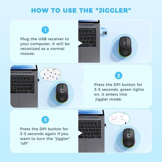 Alt view image 2 of 7 - PEIOUS Wireless Mouse with LED - Rechargeable Moving Mouse Jiggler Keeps Computer Awake - Black