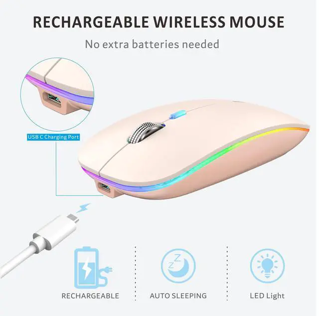 Alt view image 7 of 7 - Uiosmuph LED Wireless Mouse, G12 Slim Rechargeable Silent Mouse, 2.4G Portable Optical Computer Mice with Receiver and Type C Adapter (Nude Pink)