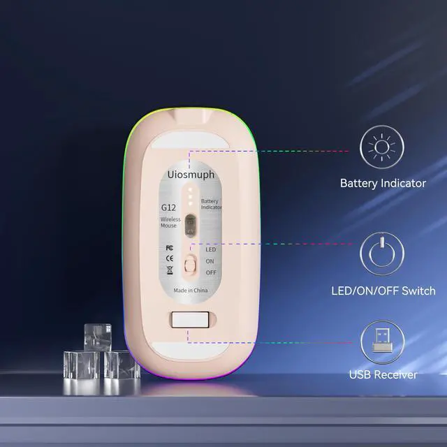 Alt view image 5 of 7 - Uiosmuph LED Wireless Mouse, G12 Slim Rechargeable Silent Mouse, 2.4G Portable Optical Computer Mice with Receiver and Type C Adapter (Nude Pink)