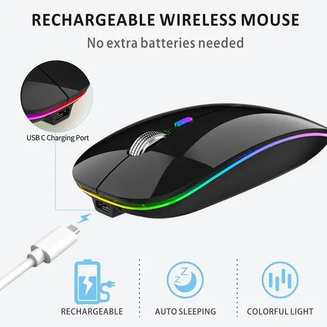 Alt view image 5 of 7 - Uiosmuph LED Wireless Silent Mouse, G12 Slim Rechargeable, 2.4G Portable Optical Computer Mice with USB Receiver and Type C Adapter (Black)