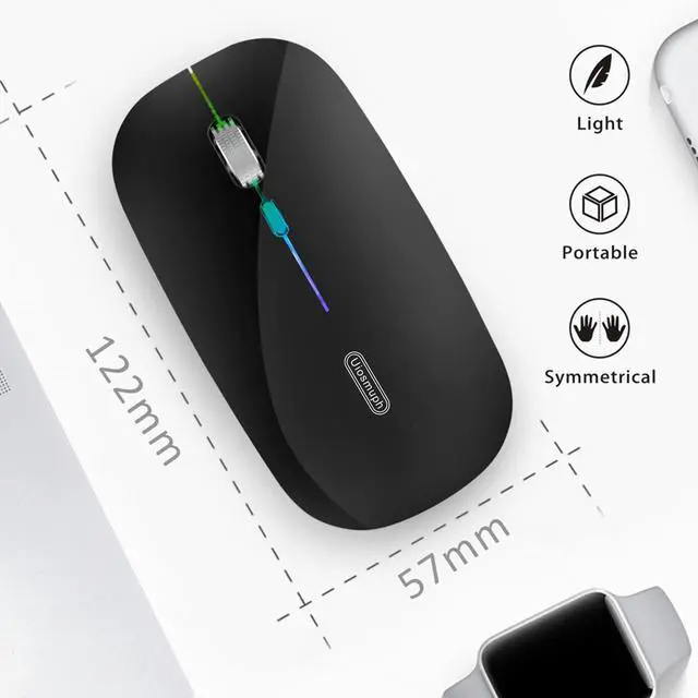 Alt view image 6 of 7 - Uiosmuph LED Wireless Silent Mouse, G12 Slim Rechargeable, 2.4G Portable Optical Computer Mice with USB Receiver and Type C Adapter (Black)