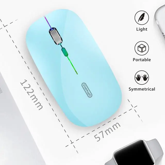 Alt view image 3 of 7 - Uiosmuph LED Wireless Silent Mouse, G12 Slim Rechargeable, 2.4G Portable USB Optical Computer Mice with USB Receiver and Type C Adapter (Blue)
