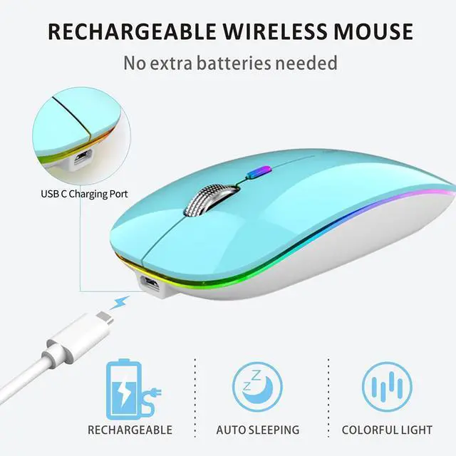 Alt view image 4 of 7 - Uiosmuph LED Wireless Silent Mouse, G12 Slim Rechargeable, 2.4G Portable USB Optical Computer Mice with USB Receiver and Type C Adapter (Blue)