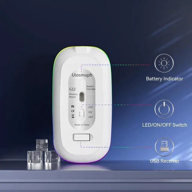 Alt view image 5 of 7 - Uiosmuph LED Wireless Silent Mouse, G12 Slim Rechargeable, 2.4G Portable USB Optical Computer Mice with USB Receiver and Type C Adapter (Blue)