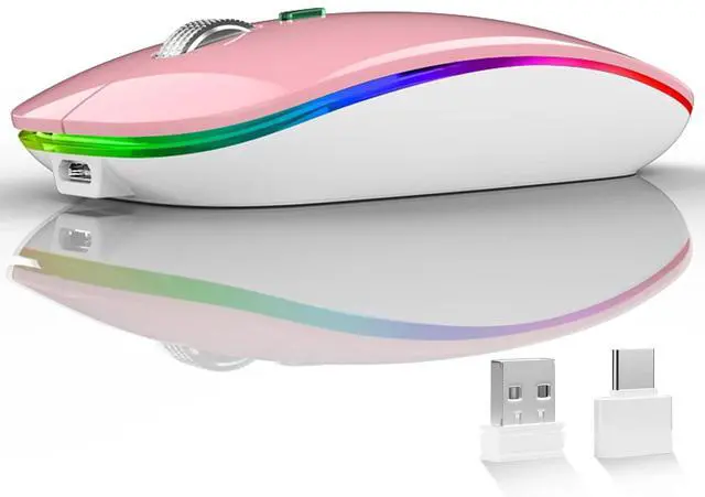 Main image of LED Wireless Mouse, G12 Slim Rechargeable Silent Mouse, 2.4G Portable USB Optical Wireless Computer Mice with USB Receiver and Type C Adapter (Pink)