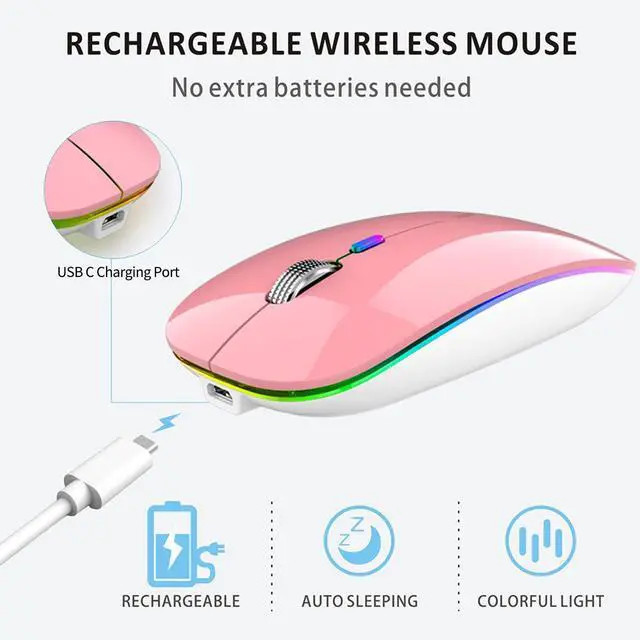 Alt view image 4 of 7 - LED Wireless Mouse, G12 Slim Rechargeable Silent Mouse, 2.4G Portable USB Optical Wireless Computer Mice with USB Receiver and Type C Adapter (Pink)