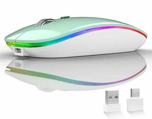 Main image of Uiosmuph LED Wireless Mouse, G12 Slim Rechargeable Wireless Silent Mouse, 2.4G Portable USB Optical Wireless Computer Mice with USB Receiver and Type C Adapter (Mint Green)