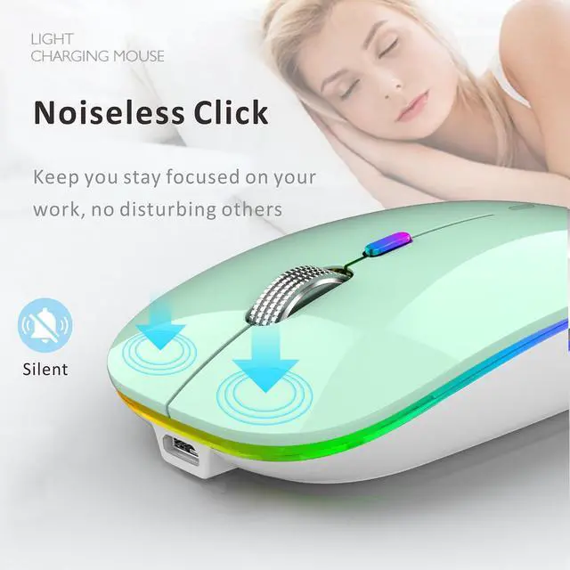 Alt view image 2 of 7 - Uiosmuph LED Wireless Mouse, G12 Slim Rechargeable Wireless Silent Mouse, 2.4G Portable USB Optical Wireless Computer Mice with USB Receiver and Type C Adapter (Mint Green)