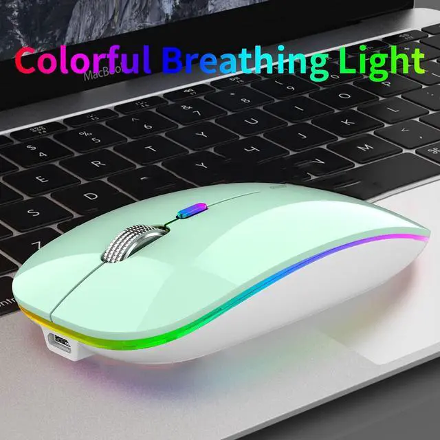 Alt view image 4 of 7 - Uiosmuph LED Wireless Mouse, G12 Slim Rechargeable Wireless Silent Mouse, 2.4G Portable USB Optical Wireless Computer Mice with USB Receiver and Type C Adapter (Mint Green)