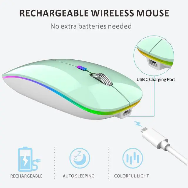 Alt view image 6 of 7 - Uiosmuph LED Wireless Mouse, G12 Slim Rechargeable Wireless Silent Mouse, 2.4G Portable USB Optical Wireless Computer Mice with USB Receiver and Type C Adapter (Mint Green)