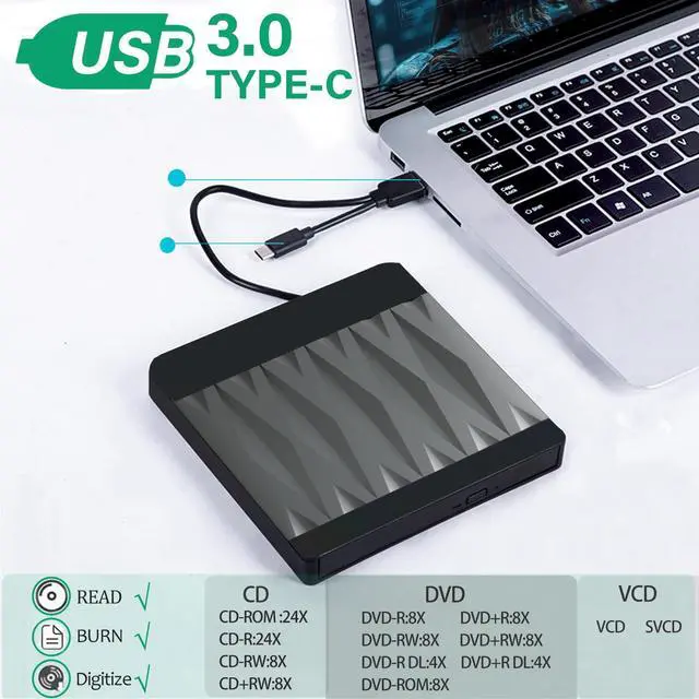 Alt view image 4 of 6 - External CD/DVD Drive for Laptop USB 3.0 CD ROM Burner Slim Portable CD Reader DVD Player Reader Writer Optical Disc Drive Compatible with Laptop Desktop PC Windows 11/10/8/7 Linux OS Mac