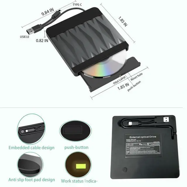 Alt view image 6 of 6 - External CD/DVD Drive for Laptop USB 3.0 CD ROM Burner Slim Portable CD Reader DVD Player Reader Writer Optical Disc Drive Compatible with Laptop Desktop PC Windows 11/10/8/7 Linux OS Mac