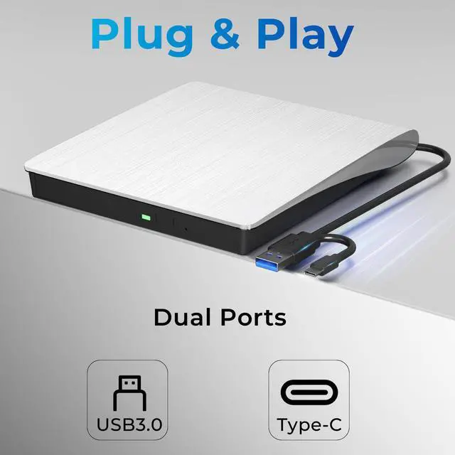 Alt view image 3 of 7 - mthstec External DVD Drive, USB 3.0 Type-C Portable CD Burner, CD ROM +/-RW External CD Player, External CD DVD Drive for Laptop Desktop PC Mac Windows Linux (White)