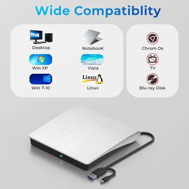 Alt view image 7 of 7 - mthstec External DVD Drive, USB 3.0 Type-C Portable CD Burner, CD ROM +/-RW External CD Player, External CD DVD Drive for Laptop Desktop PC Mac Windows Linux (White)