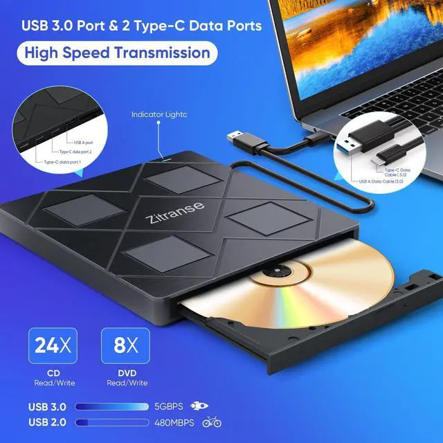 Alt view image 4 of 7 - External CD/DVD Drive,upgrade 8 in 1,USB 3.0,2 type-c port,Ultra Slim,Portable Optical Disk Drive Player Burner Reader Writer for Laptop Macbook Desktop PC Compatible with Windows 11/10/8 Linux Mac OS