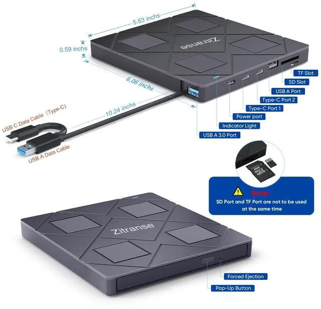 Alt view image 7 of 7 - External CD/DVD Drive,upgrade 8 in 1,USB 3.0,2 type-c port,Ultra Slim,Portable Optical Disk Drive Player Burner Reader Writer for Laptop Macbook Desktop PC Compatible with Windows 11/10/8 Linux Mac OS