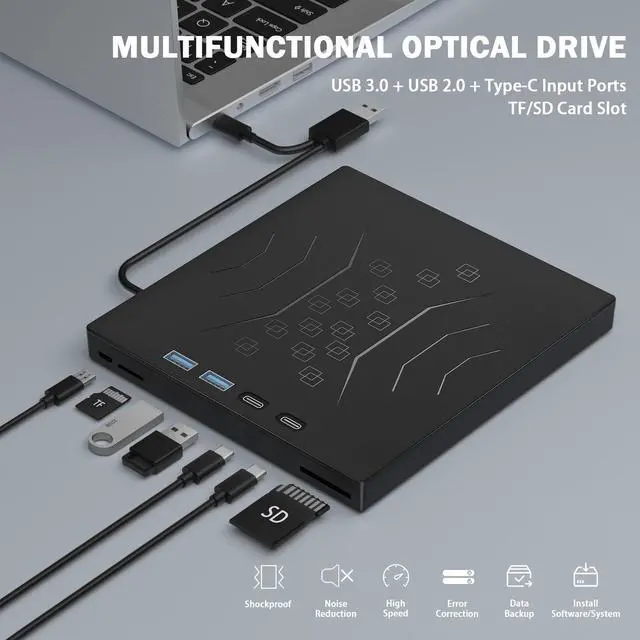 Alt view image 2 of 7 - 7 in 1 External DVD Drive, External CD/DVD Drive for Laptop USB 3.0 & Type-C, Portable CD/DVD +/-RW Disk Drive, CD/DVD Burner CD ROM External Drive for Laptop Desktop PC Windows 10/11 XP Mac Linux