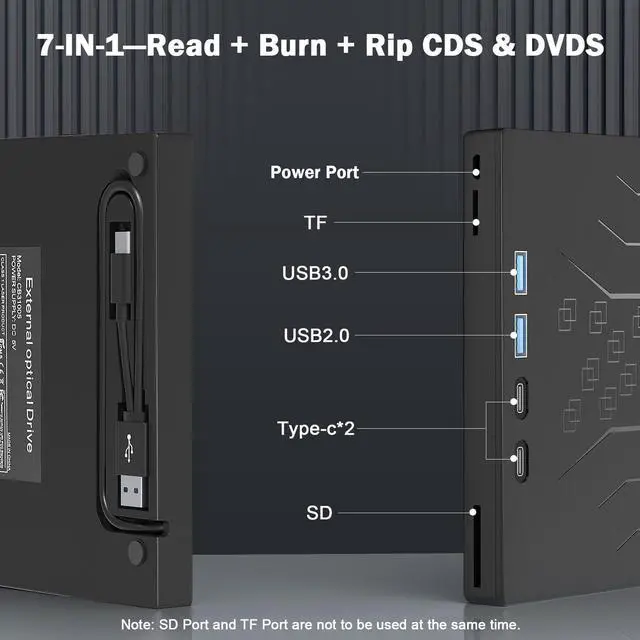 Alt view image 3 of 7 - 7 in 1 External DVD Drive, External CD/DVD Drive for Laptop USB 3.0 & Type-C, Portable CD/DVD +/-RW Disk Drive, CD/DVD Burner CD ROM External Drive for Laptop Desktop PC Windows 10/11 XP Mac Linux